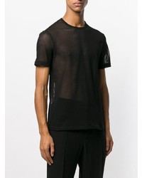 schwarzes bedrucktes T-Shirt mit einem Rundhalsausschnitt aus Netzstoff von Helmut Lang