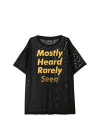 schwarzes bedrucktes T-Shirt mit einem Rundhalsausschnitt aus Netzstoff von Mostly Heard Rarely Seen