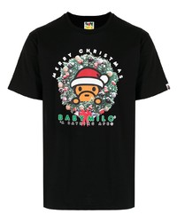 schwarzes bedrucktes T-Shirt mit einem Rundhalsausschnitt von A Bathing Ape