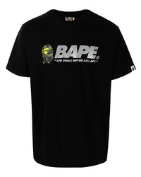 schwarzes bedrucktes T-Shirt mit einem Rundhalsausschnitt von A Bathing Ape