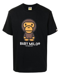 schwarzes bedrucktes T-Shirt mit einem Rundhalsausschnitt von A Bathing Ape