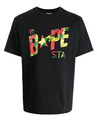 schwarzes bedrucktes T-Shirt mit einem Rundhalsausschnitt von A Bathing Ape