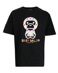 schwarzes bedrucktes T-Shirt mit einem Rundhalsausschnitt von A Bathing Ape