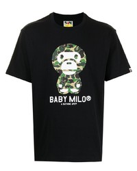 schwarzes bedrucktes T-Shirt mit einem Rundhalsausschnitt von A Bathing Ape