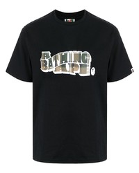 schwarzes bedrucktes T-Shirt mit einem Rundhalsausschnitt von A Bathing Ape