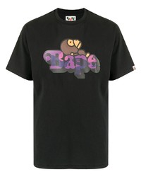 schwarzes bedrucktes T-Shirt mit einem Rundhalsausschnitt von A Bathing Ape