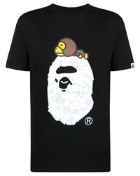 schwarzes bedrucktes T-Shirt mit einem Rundhalsausschnitt von A Bathing Ape