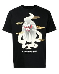 schwarzes bedrucktes T-Shirt mit einem Rundhalsausschnitt von A Bathing Ape