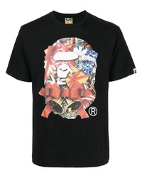 schwarzes bedrucktes T-Shirt mit einem Rundhalsausschnitt von A Bathing Ape