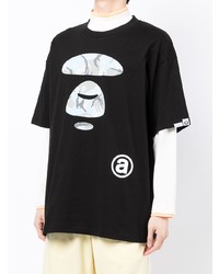 schwarzes bedrucktes T-Shirt mit einem Rundhalsausschnitt von AAPE BY A BATHING APE