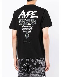 schwarzes bedrucktes T-Shirt mit einem Rundhalsausschnitt von AAPE BY A BATHING APE