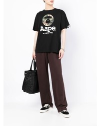 schwarzes bedrucktes T-Shirt mit einem Rundhalsausschnitt von AAPE BY A BATHING APE