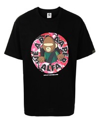 schwarzes bedrucktes T-Shirt mit einem Rundhalsausschnitt von AAPE BY A BATHING APE