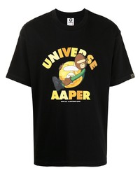 schwarzes bedrucktes T-Shirt mit einem Rundhalsausschnitt von AAPE BY A BATHING APE