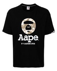 schwarzes bedrucktes T-Shirt mit einem Rundhalsausschnitt von AAPE BY A BATHING APE