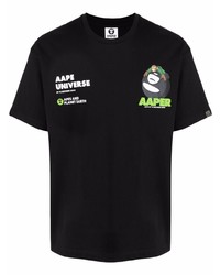 schwarzes bedrucktes T-Shirt mit einem Rundhalsausschnitt von AAPE BY A BATHING APE