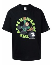 schwarzes bedrucktes T-Shirt mit einem Rundhalsausschnitt von AAPE BY A BATHING APE