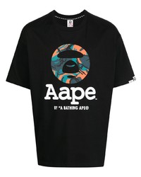 schwarzes bedrucktes T-Shirt mit einem Rundhalsausschnitt von AAPE BY A BATHING APE