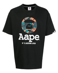 schwarzes bedrucktes T-Shirt mit einem Rundhalsausschnitt von AAPE BY A BATHING APE