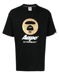 schwarzes bedrucktes T-Shirt mit einem Rundhalsausschnitt von AAPE BY A BATHING APE