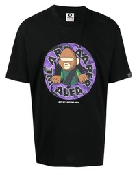 schwarzes bedrucktes T-Shirt mit einem Rundhalsausschnitt von AAPE BY A BATHING APE