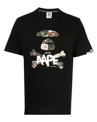 schwarzes bedrucktes T-Shirt mit einem Rundhalsausschnitt von AAPE BY A BATHING APE