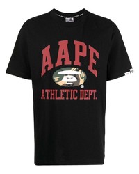 schwarzes bedrucktes T-Shirt mit einem Rundhalsausschnitt von AAPE BY A BATHING APE