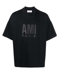 schwarzes bedrucktes T-Shirt mit einem Rundhalsausschnitt von Ami Paris