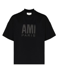 schwarzes bedrucktes T-Shirt mit einem Rundhalsausschnitt von Ami Paris