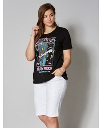 schwarzes bedrucktes T-Shirt mit einem Rundhalsausschnitt von Angel of Style by Happy Size
