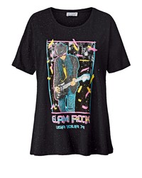 schwarzes bedrucktes T-Shirt mit einem Rundhalsausschnitt von Angel of Style by Happy Size