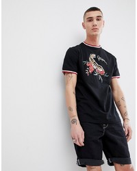 schwarzes bedrucktes T-Shirt mit einem Rundhalsausschnitt von Another Influence