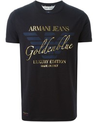 schwarzes bedrucktes T-Shirt mit einem Rundhalsausschnitt von Armani Jeans