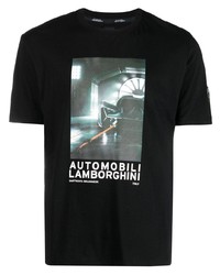 schwarzes bedrucktes T-Shirt mit einem Rundhalsausschnitt von Automobili Lamborghini