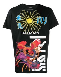 schwarzes bedrucktes T-Shirt mit einem Rundhalsausschnitt von Balmain