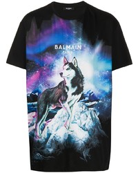 schwarzes bedrucktes T-Shirt mit einem Rundhalsausschnitt von Balmain