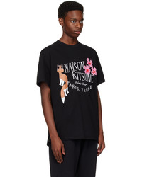 schwarzes bedrucktes T-Shirt mit einem Rundhalsausschnitt von MAISON KITSUNÉ