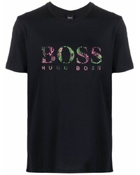 schwarzes bedrucktes T-Shirt mit einem Rundhalsausschnitt von BOSS