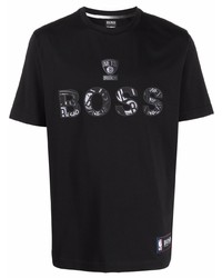 schwarzes bedrucktes T-Shirt mit einem Rundhalsausschnitt von BOSS