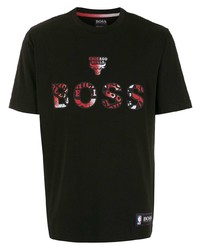 schwarzes bedrucktes T-Shirt mit einem Rundhalsausschnitt von BOSS