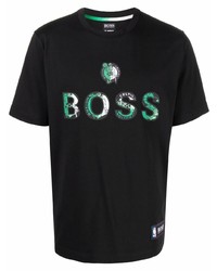 schwarzes bedrucktes T-Shirt mit einem Rundhalsausschnitt von BOSS