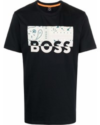 schwarzes bedrucktes T-Shirt mit einem Rundhalsausschnitt von BOSS