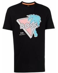 schwarzes bedrucktes T-Shirt mit einem Rundhalsausschnitt von BOSS