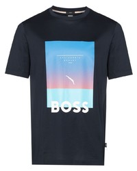 schwarzes bedrucktes T-Shirt mit einem Rundhalsausschnitt von BOSS