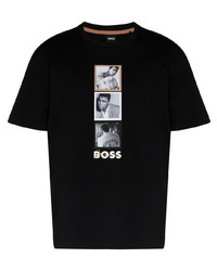 schwarzes bedrucktes T-Shirt mit einem Rundhalsausschnitt von BOSS