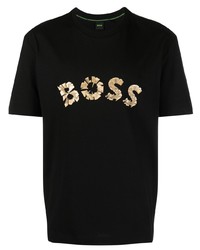 schwarzes bedrucktes T-Shirt mit einem Rundhalsausschnitt von BOSS