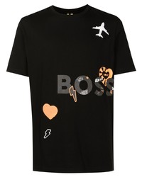 schwarzes bedrucktes T-Shirt mit einem Rundhalsausschnitt von BOSS