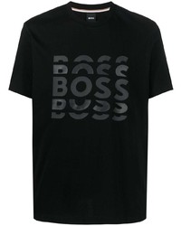 schwarzes bedrucktes T-Shirt mit einem Rundhalsausschnitt von BOSS