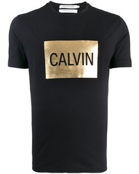 schwarzes bedrucktes T-Shirt mit einem Rundhalsausschnitt von Calvin Klein Jeans