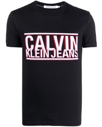 schwarzes bedrucktes T-Shirt mit einem Rundhalsausschnitt von Calvin Klein Jeans